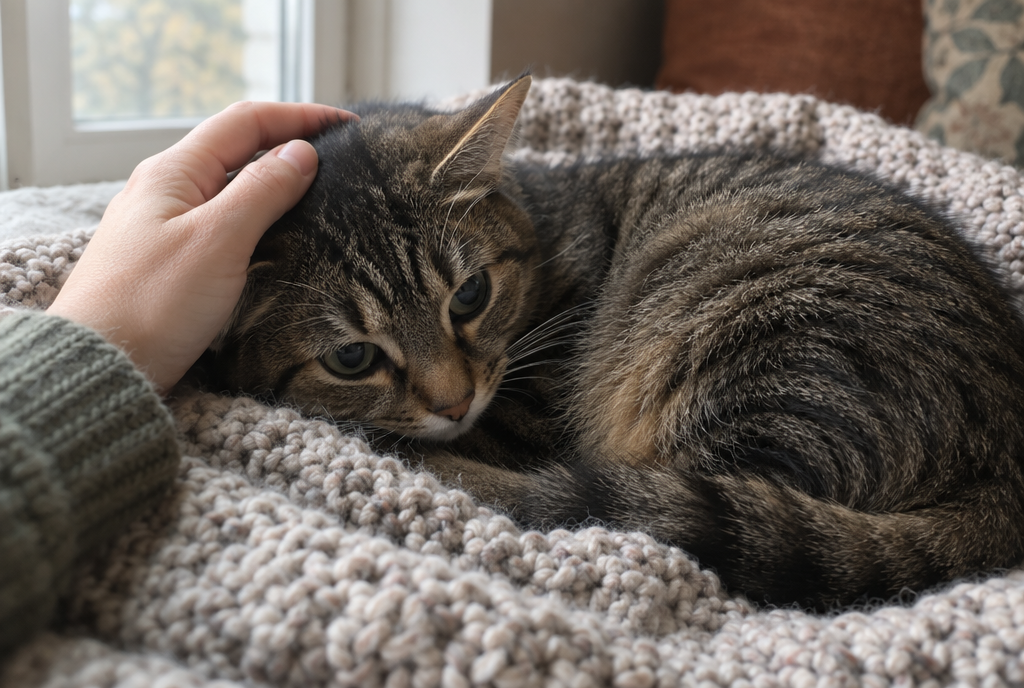 Blyg adopterad katt på en filt