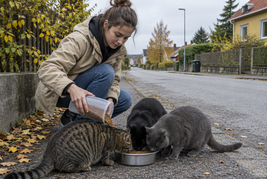 Volontär matar hemlösa katter